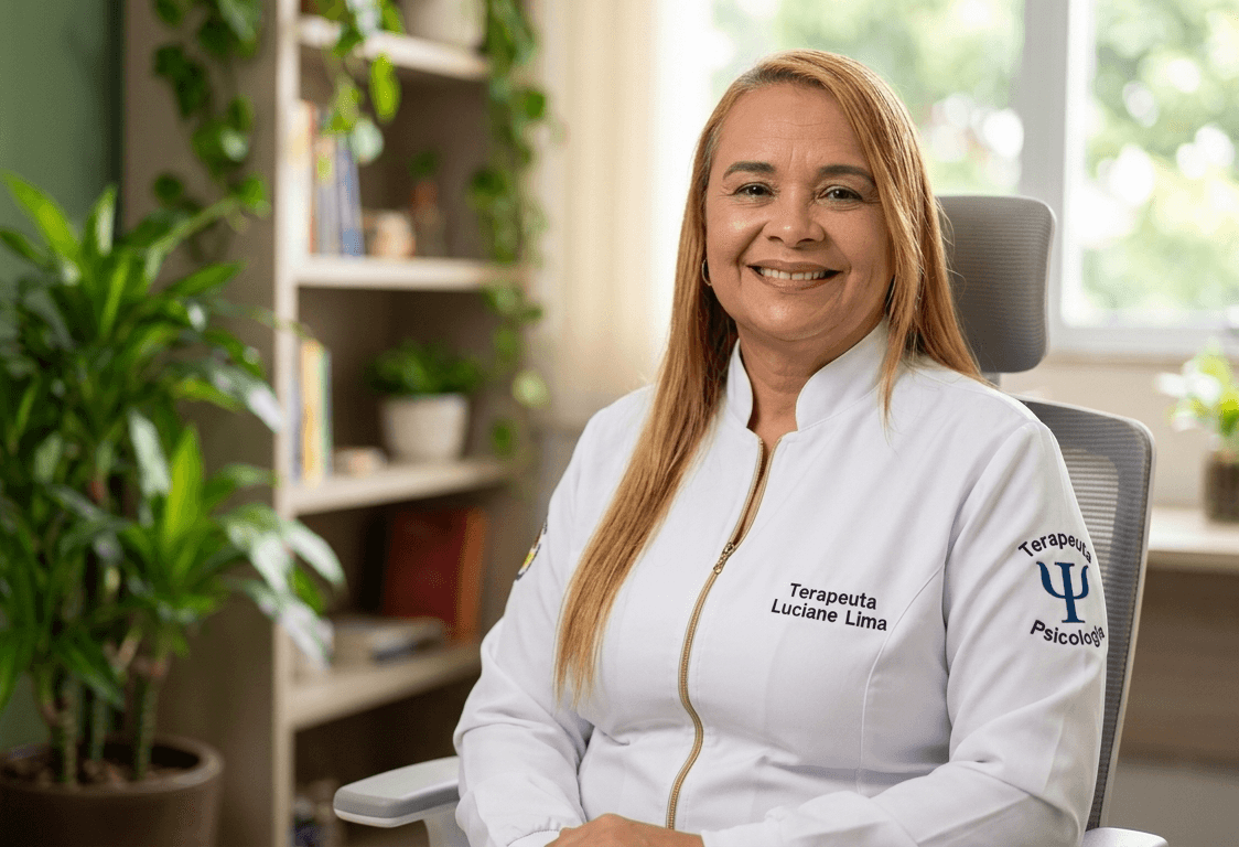 Luciane Lima, Terapeuta TRG Master, em seu consultório